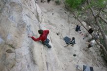 Me top rope climbing Diving for Rocks (5.10d) with Javier Morales belaying, photographed from  the third bolt of Magster (5.10a) by Andrew Dreher.  It was another long day of rock climbing at Seismic Wall on Austin's Barton Creek Greenbelt, Saturday, April 11, 2009.

Filename: SRM_20090411_17114472.JPG
Aperture: f/5.6
Shutter Speed: 1/320
Body: Canon EOS-1D Mark II
Lens: Canon EF 16-35mm f/2.8 L