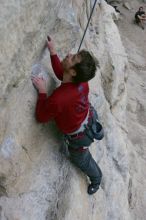 Me top rope climbing Diving for Rocks (5.10d), photographed from  the third bolt of Magster (5.10a) by Andrew Dreher.  It was another long day of rock climbing at Seismic Wall on Austin's Barton Creek Greenbelt, Saturday, April 11, 2009.

Filename: SRM_20090411_17122576.JPG
Aperture: f/5.6
Shutter Speed: 1/320
Body: Canon EOS-1D Mark II
Lens: Canon EF 16-35mm f/2.8 L