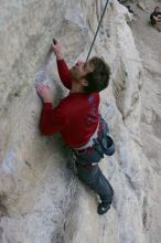 Me top rope climbing Diving for Rocks (5.10d), photographed from  the third bolt of Magster (5.10a) by Andrew Dreher.  It was another long day of rock climbing at Seismic Wall on Austin's Barton Creek Greenbelt, Saturday, April 11, 2009.

Filename: SRM_20090411_17122577.JPG
Aperture: f/5.6
Shutter Speed: 1/320
Body: Canon EOS-1D Mark II
Lens: Canon EF 16-35mm f/2.8 L