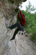Me top rope climbing Diving for Rocks (5.10d), photographed from  the third bolt of Magster (5.10a) by Andrew Dreher.  It was another long day of rock climbing at Seismic Wall on Austin's Barton Creek Greenbelt, Saturday, April 11, 2009.

Filename: SRM_20090411_17130305.JPG
Aperture: f/5.6
Shutter Speed: 1/320
Body: Canon EOS-1D Mark II
Lens: Canon EF 16-35mm f/2.8 L