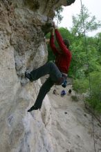 Me top rope climbing Diving for Rocks (5.10d), photographed from  the third bolt of Magster (5.10a) by Andrew Dreher.  It was another long day of rock climbing at Seismic Wall on Austin's Barton Creek Greenbelt, Saturday, April 11, 2009.

Filename: SRM_20090411_17130305.JPG
Aperture: f/5.6
Shutter Speed: 1/320
Body: Canon EOS-1D Mark II
Lens: Canon EF 16-35mm f/2.8 L