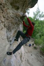 Me top rope climbing Diving for Rocks (5.10d), photographed from  the third bolt of Magster (5.10a) by Andrew Dreher.  It was another long day of rock climbing at Seismic Wall on Austin's Barton Creek Greenbelt, Saturday, April 11, 2009.

Filename: SRM_20090411_17131416.JPG
Aperture: f/5.6
Shutter Speed: 1/320
Body: Canon EOS-1D Mark II
Lens: Canon EF 16-35mm f/2.8 L