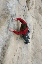 Me top rope climbing Diving for Rocks (5.10d), photographed from  the third bolt of Magster (5.10a) by Andrew Dreher.  It was another long day of rock climbing at Seismic Wall on Austin's Barton Creek Greenbelt, Saturday, April 11, 2009.

Filename: SRM_20090411_17153225.JPG
Aperture: f/5.6
Shutter Speed: 1/320
Body: Canon EOS-1D Mark II
Lens: Canon EF 16-35mm f/2.8 L