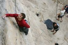 Me top rope climbing Diving for Rocks (5.10d) with Javier Morales belaying, photographed from  the third bolt of Magster (5.10a) by Andrew Dreher.  It was another long day of rock climbing at Seismic Wall on Austin's Barton Creek Greenbelt, Saturday, April 11, 2009.

Filename: SRM_20090411_17160627.JPG
Aperture: f/5.6
Shutter Speed: 1/320
Body: Canon EOS-1D Mark II
Lens: Canon EF 16-35mm f/2.8 L