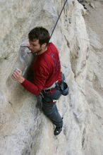 Me top rope climbing Diving for Rocks (5.10d), photographed from  the third bolt of Magster (5.10a) by Andrew Dreher.  It was another long day of rock climbing at Seismic Wall on Austin's Barton Creek Greenbelt, Saturday, April 11, 2009.

Filename: SRM_20090411_17162829.JPG
Aperture: f/5.6
Shutter Speed: 1/320
Body: Canon EOS-1D Mark II
Lens: Canon EF 16-35mm f/2.8 L