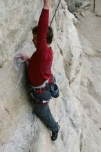 Me top rope climbing Diving for Rocks (5.10d), photographed from  the third bolt of Magster (5.10a) by Andrew Dreher.  It was another long day of rock climbing at Seismic Wall on Austin's Barton Creek Greenbelt, Saturday, April 11, 2009.

Filename: SRM_20090411_17163231.JPG
Aperture: f/5.6
Shutter Speed: 1/320
Body: Canon EOS-1D Mark II
Lens: Canon EF 16-35mm f/2.8 L