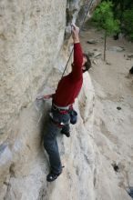 Me top rope climbing Diving for Rocks (5.10d), photographed from  the third bolt of Magster (5.10a) by Andrew Dreher.  It was another long day of rock climbing at Seismic Wall on Austin's Barton Creek Greenbelt, Saturday, April 11, 2009.

Filename: SRM_20090411_17163632.JPG
Aperture: f/5.6
Shutter Speed: 1/320
Body: Canon EOS-1D Mark II
Lens: Canon EF 16-35mm f/2.8 L