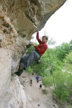 Me top rope climbing Diving for Rocks (5.10d), photographed from  the third bolt of Magster (5.10a) by Andrew Dreher.  It was another long day of rock climbing at Seismic Wall on Austin's Barton Creek Greenbelt, Saturday, April 11, 2009.

Filename: SRM_20090411_17165961.JPG
Aperture: f/5.6
Shutter Speed: 1/320
Body: Canon EOS-1D Mark II
Lens: Canon EF 16-35mm f/2.8 L