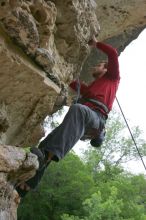 Me top rope climbing Diving for Rocks (5.10d), photographed from  the third bolt of Magster (5.10a) by Andrew Dreher.  It was another long day of rock climbing at Seismic Wall on Austin's Barton Creek Greenbelt, Saturday, April 11, 2009.

Filename: SRM_20090411_17200884.JPG
Aperture: f/5.6
Shutter Speed: 1/320
Body: Canon EOS-1D Mark II
Lens: Canon EF 16-35mm f/2.8 L