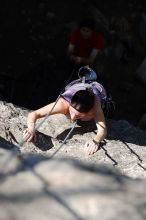 Beth Marek top rope climbing Roo Dog (5.8) with Andrew Dreher belaying, taken from the anchors of the route.  It was Beth's third time outside, and another long day of rock climbing at Seismic Wall on Austin's Barton Creek Greenbelt, Monday, May 25, 2009.

Filename: SRM_20090525_09423003.JPG
Aperture: f/4.0
Shutter Speed: 1/1600
Body: Canon EOS-1D Mark II
Lens: Canon EF 80-200mm f/2.8 L