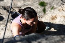 Beth Marek top rope climbing Roo Dog (5.8), taken from the anchors of the route.  It was Beth's third time outside, and another long day of rock climbing at Seismic Wall on Austin's Barton Creek Greenbelt, Monday, May 25, 2009.

Filename: SRM_20090525_09441518.JPG
Aperture: f/5.6
Shutter Speed: 1/1250
Body: Canon EOS-1D Mark II
Lens: Canon EF 80-200mm f/2.8 L