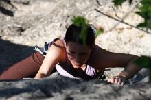 Beth Marek top rope climbing Roo Dog (5.8), taken from the anchors of the route.  It was Beth's third time outside, and another long day of rock climbing at Seismic Wall on Austin's Barton Creek Greenbelt, Monday, May 25, 2009.

Filename: SRM_20090525_09445324.JPG
Aperture: f/5.6
Shutter Speed: 1/1250
Body: Canon EOS-1D Mark II
Lens: Canon EF 80-200mm f/2.8 L