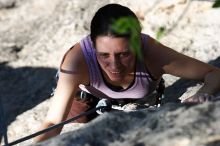 Beth Marek top rope climbing Roo Dog (5.8), taken from the anchors of the route.  It was Beth's third time outside, and another long day of rock climbing at Seismic Wall on Austin's Barton Creek Greenbelt, Monday, May 25, 2009.

Filename: SRM_20090525_09450427.JPG
Aperture: f/5.6
Shutter Speed: 1/1000
Body: Canon EOS-1D Mark II
Lens: Canon EF 80-200mm f/2.8 L