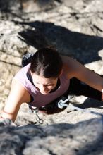 Beth Marek top rope climbing Roo Dog (5.8), taken from the anchors of the route.  It was Beth's third time outside, and another long day of rock climbing at Seismic Wall on Austin's Barton Creek Greenbelt, Monday, May 25, 2009.

Filename: SRM_20090525_09483429.JPG
Aperture: f/5.0
Shutter Speed: 1/1250
Body: Canon EOS-1D Mark II
Lens: Canon EF 80-200mm f/2.8 L