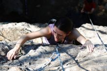 Beth Marek top rope climbing Roo Dog (5.8), taken from the anchors of the route.  It was Beth's third time outside, and another long day of rock climbing at Seismic Wall on Austin's Barton Creek Greenbelt, Monday, May 25, 2009.

Filename: SRM_20090525_09504772.JPG
Aperture: f/5.6
Shutter Speed: 1/500
Body: Canon EOS-1D Mark II
Lens: Canon EF 80-200mm f/2.8 L