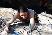 Beth Marek top rope climbing Roo Dog (5.8), taken from the anchors of the route.  It was Beth's third time outside, and another long day of rock climbing at Seismic Wall on Austin's Barton Creek Greenbelt, Monday, May 25, 2009.

Filename: SRM_20090525_09510480.JPG
Aperture: f/5.6
Shutter Speed: 1/400
Body: Canon EOS-1D Mark II
Lens: Canon EF 80-200mm f/2.8 L