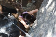 Beth Marek top rope climbing Hollywood (5.7), taken from the anchors of the route.  It was Beth's third time outside, and another long day of rock climbing at Seismic Wall on Austin's Barton Creek Greenbelt, Monday, May 25, 2009.
