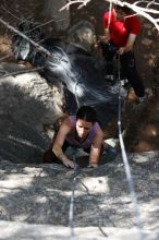 Beth Marek top rope climbing Hollywood (5.7) with Andrew Dreher belaying, taken from the anchors of the route.  It was Beth's third time outside, and another long day of rock climbing at Seismic Wall on Austin's Barton Creek Greenbelt, Monday, May 25, 2009.

Filename: SRM_20090525_10381011.JPG
Aperture: f/4.0
Shutter Speed: 1/800
Body: Canon EOS-1D Mark II
Lens: Canon EF 80-200mm f/2.8 L