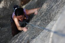 Beth Marek top rope climbing Hollywood (5.7), taken from the anchors of the route.  It was Beth's third time outside, and another long day of rock climbing at Seismic Wall on Austin's Barton Creek Greenbelt, Monday, May 25, 2009.

Filename: SRM_20090525_10391935.JPG
Aperture: f/4.0
Shutter Speed: 1/640
Body: Canon EOS-1D Mark II
Lens: Canon EF 80-200mm f/2.8 L