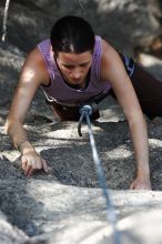 Beth Marek top rope climbing Hollywood (5.7), taken from the anchors of the route.  It was Beth's third time outside, and another long day of rock climbing at Seismic Wall on Austin's Barton Creek Greenbelt, Monday, May 25, 2009.

Filename: SRM_20090525_10394248.JPG
Aperture: f/5.6
Shutter Speed: 1/400
Body: Canon EOS-1D Mark II
Lens: Canon EF 80-200mm f/2.8 L