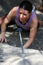 Beth Marek top rope climbing Hollywood (5.7), taken from the anchors of the route.  It was Beth's third time outside, and another long day of rock climbing at Seismic Wall on Austin's Barton Creek Greenbelt, Monday, May 25, 2009.

Filename: SRM_20090525_10395053.JPG
Aperture: f/5.6
Shutter Speed: 1/400
Body: Canon EOS-1D Mark II
Lens: Canon EF 80-200mm f/2.8 L