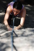 Beth Marek top rope climbing Hollywood (5.7), taken from the anchors of the route.  It was Beth's third time outside, and another long day of rock climbing at Seismic Wall on Austin's Barton Creek Greenbelt, Monday, May 25, 2009.

Filename: SRM_20090525_10400560.JPG
Aperture: f/5.6
Shutter Speed: 1/1000
Body: Canon EOS-1D Mark II
Lens: Canon EF 80-200mm f/2.8 L