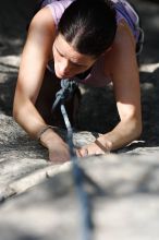 Beth Marek top rope climbing Hollywood (5.7), taken from the anchors of the route.  It was Beth's third time outside, and another long day of rock climbing at Seismic Wall on Austin's Barton Creek Greenbelt, Monday, May 25, 2009.

Filename: SRM_20090525_10400762.JPG
Aperture: f/5.6
Shutter Speed: 1/1000
Body: Canon EOS-1D Mark II
Lens: Canon EF 80-200mm f/2.8 L