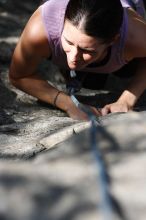 Beth Marek top rope climbing Hollywood (5.7), taken from the anchors of the route.  It was Beth's third time outside, and another long day of rock climbing at Seismic Wall on Austin's Barton Creek Greenbelt, Monday, May 25, 2009.

Filename: SRM_20090525_10400864.JPG
Aperture: f/5.6
Shutter Speed: 1/1250
Body: Canon EOS-1D Mark II
Lens: Canon EF 80-200mm f/2.8 L