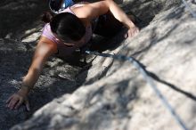 Beth Marek top rope climbing Hollywood (5.7), taken from the anchors of the route.  It was Beth's third time outside, and another long day of rock climbing at Seismic Wall on Austin's Barton Creek Greenbelt, Monday, May 25, 2009.

Filename: SRM_20090525_10404682.JPG
Aperture: f/5.6
Shutter Speed: 1/1250
Body: Canon EOS-1D Mark II
Lens: Canon EF 80-200mm f/2.8 L