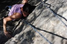 Beth Marek top rope climbing Hollywood (5.7), taken from the anchors of the route.  It was Beth's third time outside, and another long day of rock climbing at Seismic Wall on Austin's Barton Creek Greenbelt, Monday, May 25, 2009.

Filename: SRM_20090525_10412285.JPG
Aperture: f/5.6
Shutter Speed: 1/2000
Body: Canon EOS-1D Mark II
Lens: Canon EF 80-200mm f/2.8 L