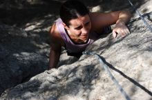 Beth Marek top rope climbing Hollywood (5.7), taken from the anchors of the route.  It was Beth's third time outside, and another long day of rock climbing at Seismic Wall on Austin's Barton Creek Greenbelt, Monday, May 25, 2009.

Filename: SRM_20090525_10414194.JPG
Aperture: f/5.6
Shutter Speed: 1/1250
Body: Canon EOS-1D Mark II
Lens: Canon EF 80-200mm f/2.8 L