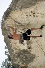 Tyler climbing Lonsome Dove (5.12), the roof above Diving for Rocks.  It was another long day of rock climbing at Seismic Wall on Austin's Barton Creek Greenbelt, Sunday, June 7, 2009.

Filename: SRM_20090607_13443293.jpg
Aperture: f/4.0
Shutter Speed: 1/500
Body: Canon EOS-1D Mark II
Lens: Canon EF 80-200mm f/2.8 L