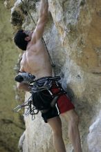 Chris Bottaro on Diving for Rocks (5.10d).  It was another long day of rock climbing at Seismic Wall on Austin's Barton Creek Greenbelt, Sunday, June 090607, 2009.

Filename: SRM_20090607_17433126.jpg
Aperture: f/4.0
Shutter Speed: 1/400
Body: Canon EOS-1D Mark II
Lens: Canon EF 80-200mm f/2.8 L