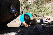 Cayce Wilson rock climbing in Hueco Tanks State Park and Historic Site during the Hueco Tanks Awesome Fest 2010 trip, Friday, May 21, 2010.

Filename: SRM_20100521_13204952.JPG
Aperture: f/8.0
Shutter Speed: 1/200
Body: Canon EOS-1D Mark II
Lens: Canon EF 16-35mm f/2.8 L