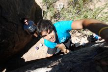 Cayce Wilson rock climbing in Hueco Tanks State Park and Historic Site during the Hueco Tanks Awesome Fest 2010 trip, Friday, May 21, 2010.

Filename: SRM_20100521_13205156.JPG
Aperture: f/8.0
Shutter Speed: 1/160
Body: Canon EOS-1D Mark II
Lens: Canon EF 16-35mm f/2.8 L