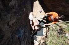 Beth Marek rock climbing in Hueco Tanks State Park and Historic Site during the Hueco Tanks Awesome Fest 2010 trip, Friday, May 21, 2010.

Filename: SRM_20100521_13241770.JPG
Aperture: f/5.6
Shutter Speed: 1/800
Body: Canon EOS-1D Mark II
Lens: Canon EF 16-35mm f/2.8 L