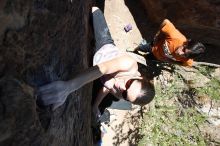 Beth Marek rock climbing in Hueco Tanks State Park and Historic Site during the Hueco Tanks Awesome Fest 2010 trip, Friday, May 21, 2010.

Filename: SRM_20100521_13242375.JPG
Aperture: f/5.6
Shutter Speed: 1/640
Body: Canon EOS-1D Mark II
Lens: Canon EF 16-35mm f/2.8 L