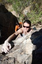 Beth Marek rock climbing in Hueco Tanks State Park and Historic Site during the Hueco Tanks Awesome Fest 2010 trip, Friday, May 21, 2010.

Filename: SRM_20100521_13242777.JPG
Aperture: f/5.6
Shutter Speed: 1/1250
Body: Canon EOS-1D Mark II
Lens: Canon EF 16-35mm f/2.8 L