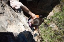 Beth Marek rock climbing in Hueco Tanks State Park and Historic Site during the Hueco Tanks Awesome Fest 2010 trip, Friday, May 21, 2010.

Filename: SRM_20100521_13242778.JPG
Aperture: f/5.6
Shutter Speed: 1/1000
Body: Canon EOS-1D Mark II
Lens: Canon EF 16-35mm f/2.8 L