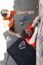 Raanan Robertson rock climbing in Hueco Tanks State Park and Historic Site during the Hueco Tanks Awesome Fest 2010 trip, Friday, May 21, 2010.

Filename: SRM_20100521_13260880.JPG
Aperture: f/5.6
Shutter Speed: 1/160
Body: Canon EOS-1D Mark II
Lens: Canon EF 16-35mm f/2.8 L