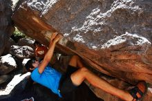 Cayce Wilson rock climbing in Hueco Tanks State Park and Historic Site during the Hueco Tanks Awesome Fest 2010 trip, Friday, May 21, 2010.

Filename: SRM_20100521_15013094.JPG
Aperture: f/5.6
Shutter Speed: 1/320
Body: Canon EOS-1D Mark II
Lens: Canon EF 16-35mm f/2.8 L