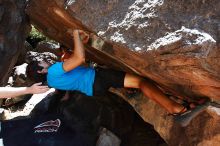 Cayce Wilson rock climbing in Hueco Tanks State Park and Historic Site during the Hueco Tanks Awesome Fest 2010 trip, Friday, May 21, 2010.

Filename: SRM_20100521_15013295.JPG
Aperture: f/5.6
Shutter Speed: 1/320
Body: Canon EOS-1D Mark II
Lens: Canon EF 16-35mm f/2.8 L