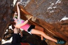 Sarah Williams rock climbing in Hueco Tanks State Park and Historic Site during the Hueco Tanks Awesome Fest 2010 trip, Friday, May 21, 2010.

Filename: SRM_20100521_15101303.JPG
Aperture: f/4.0
Shutter Speed: 1/400
Body: Canon EOS-1D Mark II
Lens: Canon EF 16-35mm f/2.8 L