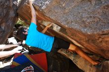 Cayce Wilson rock climbing in Hueco Tanks State Park and Historic Site during the Hueco Tanks Awesome Fest 2010 trip, Friday, May 21, 2010.

Filename: SRM_20100521_15181205.JPG
Aperture: f/4.0
Shutter Speed: 1/320
Body: Canon EOS-1D Mark II
Lens: Canon EF 16-35mm f/2.8 L