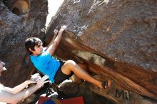 Cayce Wilson rock climbing in Hueco Tanks State Park and Historic Site during the Hueco Tanks Awesome Fest 2010 trip, Friday, May 21, 2010.

Filename: SRM_20100521_15181706.JPG
Aperture: f/4.0
Shutter Speed: 1/400
Body: Canon EOS-1D Mark II
Lens: Canon EF 16-35mm f/2.8 L