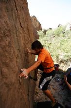 Javier Morales rock climbing in Hueco Tanks State Park and Historic Site during the Hueco Tanks Awesome Fest 2010 trip, Friday, May 21, 2010.

Filename: SRM_20100521_17505145.JPG
Aperture: f/4.0
Shutter Speed: 1/320
Body: Canon EOS-1D Mark II
Lens: Canon EF 16-35mm f/2.8 L