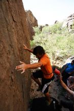 Javier Morales rock climbing in Hueco Tanks State Park and Historic Site during the Hueco Tanks Awesome Fest 2010 trip, Friday, May 21, 2010.

Filename: SRM_20100521_17505246.JPG
Aperture: f/4.0
Shutter Speed: 1/400
Body: Canon EOS-1D Mark II
Lens: Canon EF 16-35mm f/2.8 L