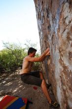 Raanan Robertson rock climbing in Hueco Tanks State Park and Historic Site during the Hueco Tanks Awesome Fest 2010 trip, Friday, May 21, 2010.

Filename: SRM_20100521_19250593.JPG
Aperture: f/8.0
Shutter Speed: 1/200
Body: Canon EOS-1D Mark II
Lens: Canon EF 16-35mm f/2.8 L