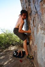 Raanan Robertson rock climbing in Hueco Tanks State Park and Historic Site during the Hueco Tanks Awesome Fest 2010 trip, Friday, May 21, 2010.

Filename: SRM_20100521_19251402.JPG
Aperture: f/8.0
Shutter Speed: 1/160
Body: Canon EOS-1D Mark II
Lens: Canon EF 16-35mm f/2.8 L