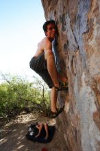 Raanan Robertson rock climbing in Hueco Tanks State Park and Historic Site during the Hueco Tanks Awesome Fest 2010 trip, Friday, May 21, 2010.

Filename: SRM_20100521_19251607.JPG
Aperture: f/8.0
Shutter Speed: 1/160
Body: Canon EOS-1D Mark II
Lens: Canon EF 16-35mm f/2.8 L